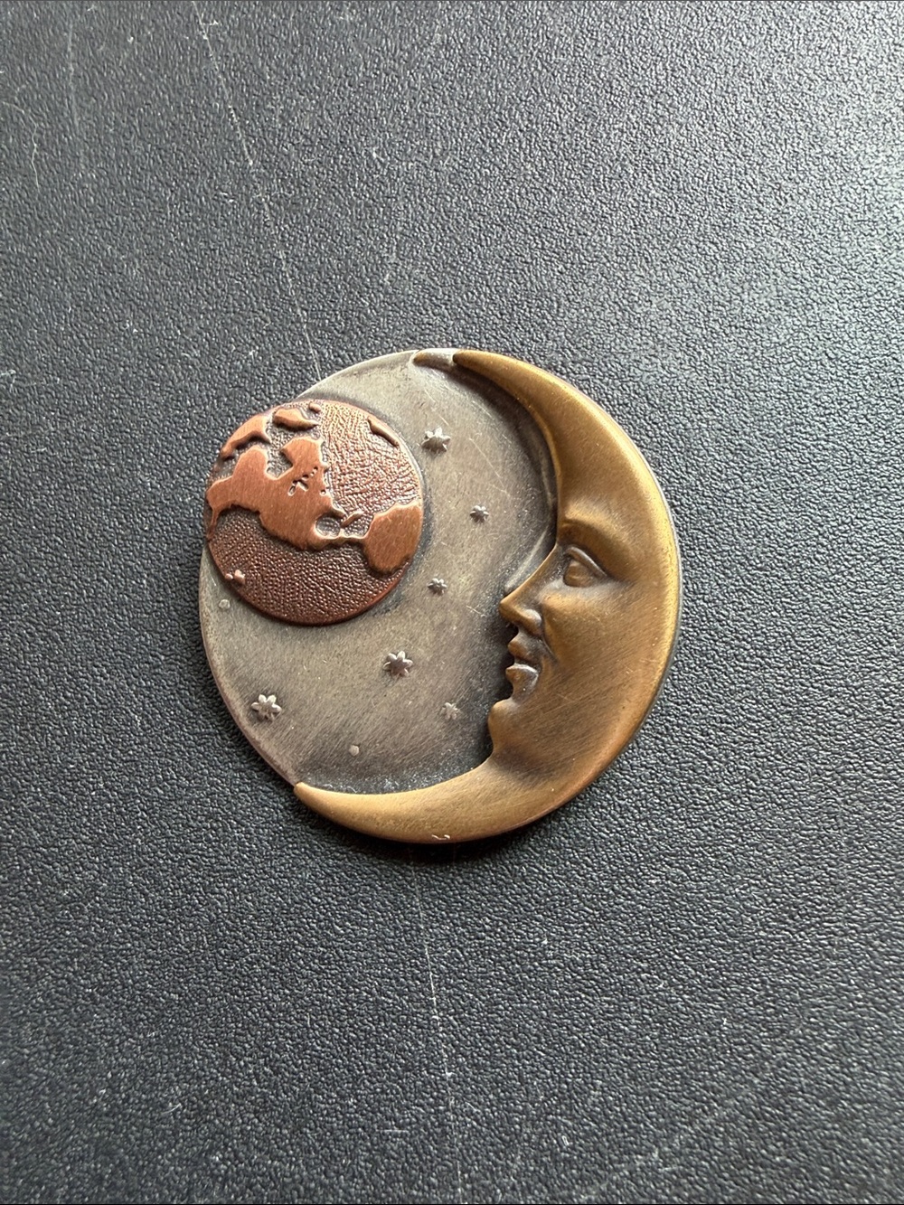 K&T Moon & Earth Sculpted Brooch in Antique Gold and Copper Tones